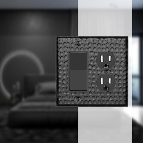 Hand Hammered Combo Rocker Duplex Light Switch Wall Plate - Black